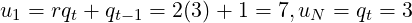 u1 = rqt + qt−1 = 2(3) + 1 = 7,uN = qt = 3
